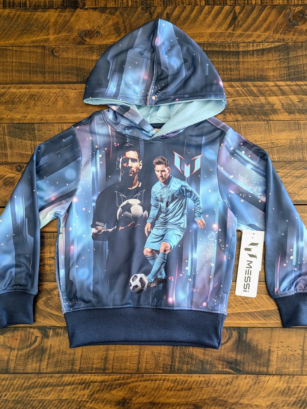 Messi Unisex Kids Pullover Hoodie XS 4/5 Dark Blue Pink Fleece Graphic Logo NWT